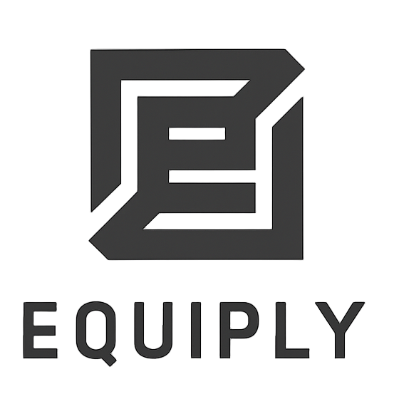 Black logo with 'EQUIPLY' text on a white background